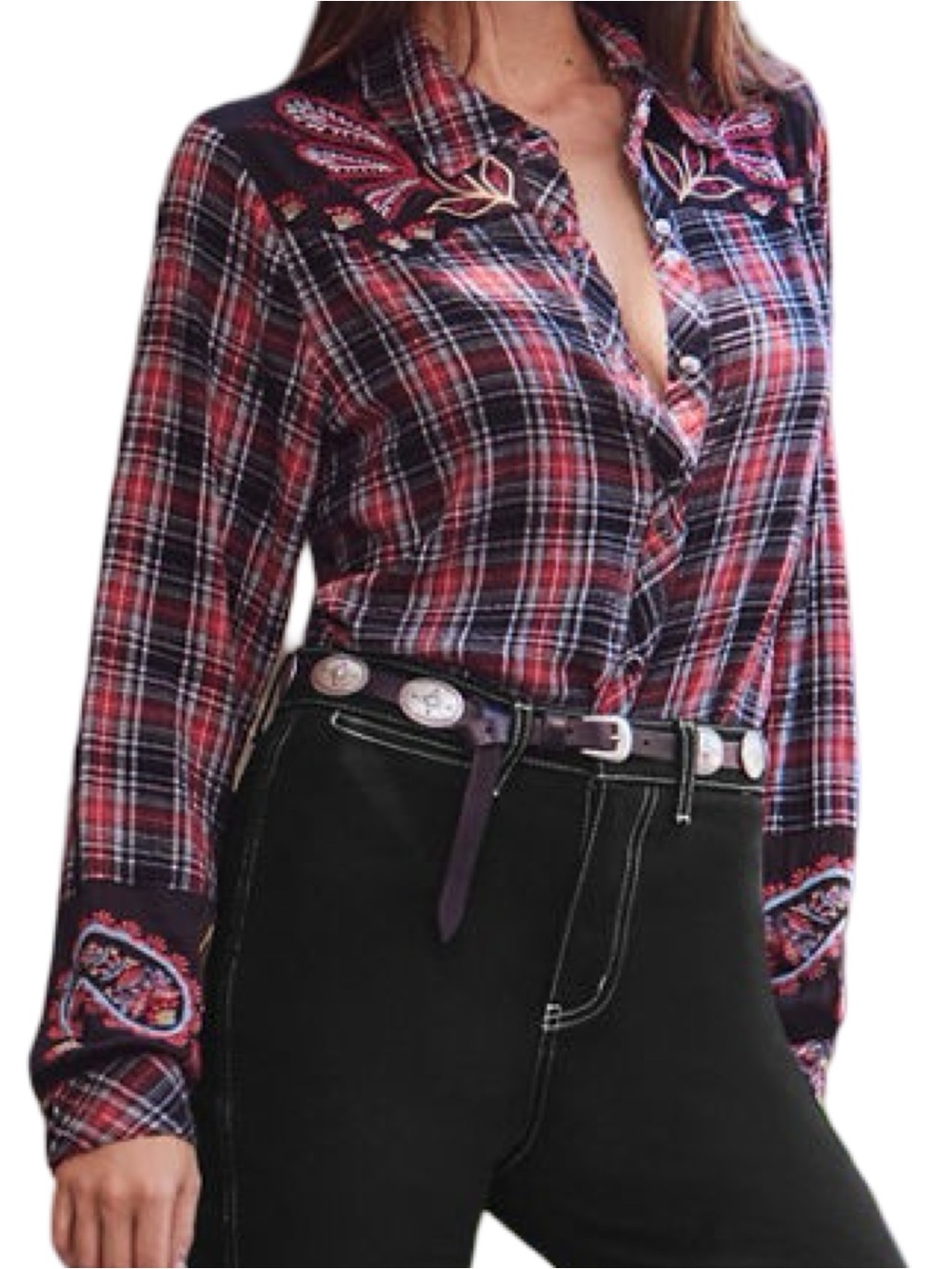 Johnny Was Women’s Size S Red Black Plaid Embroidered Snap Up Shirt